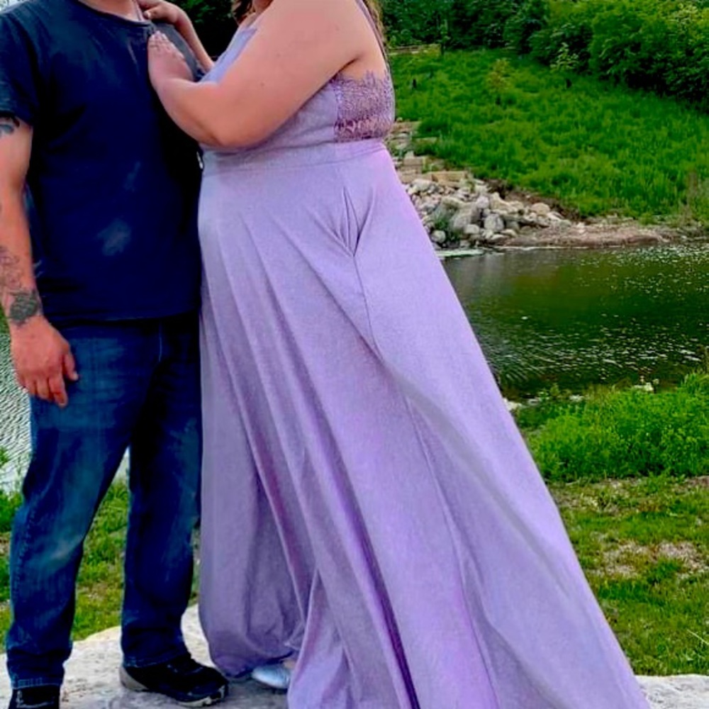 Purple prom dress with iridescent glitter and pockets size 18